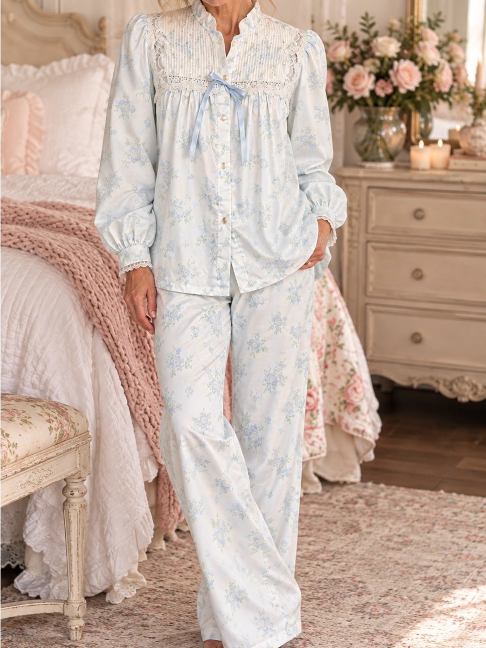 Vintage 80s Barbizon Pajama Set S Petite Blue Floral Lace Coquette USA Made